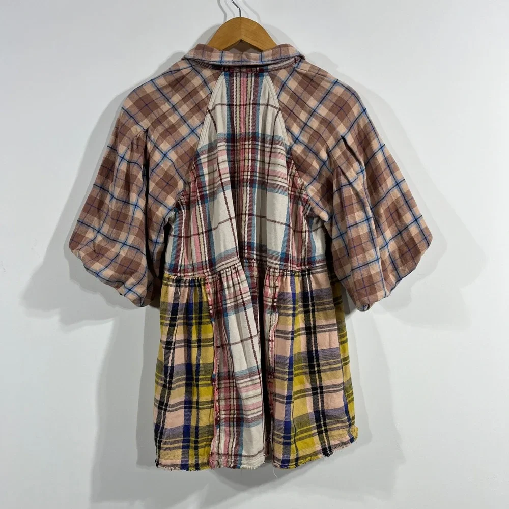 We The Free Moon Bay Boho Plaid Patchwork Babydoll Top Multi Color Womens XS 90s